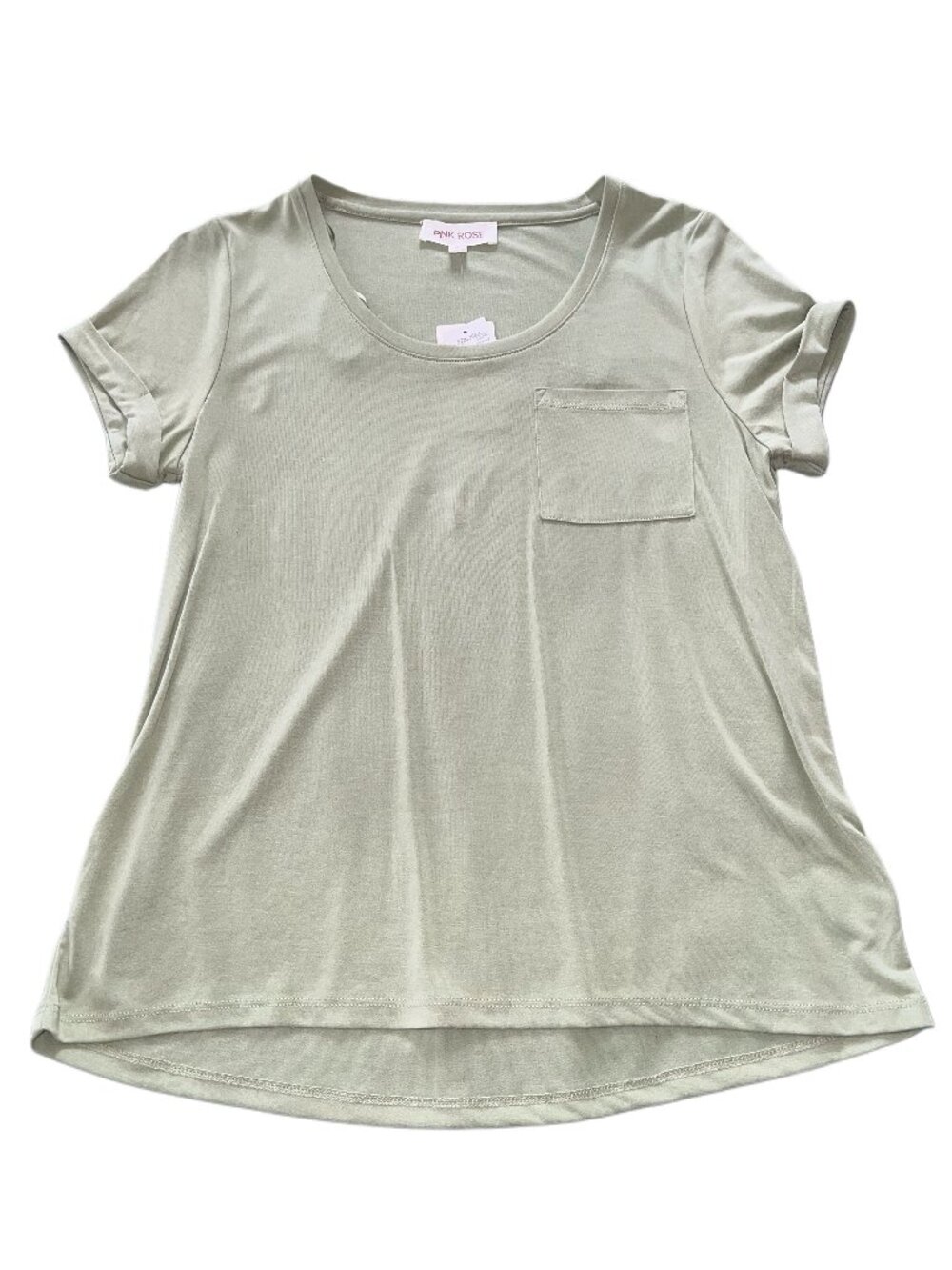 Pink Rose Sage Green Pocket Tee Short Sleeve High Low Hem Top Size M